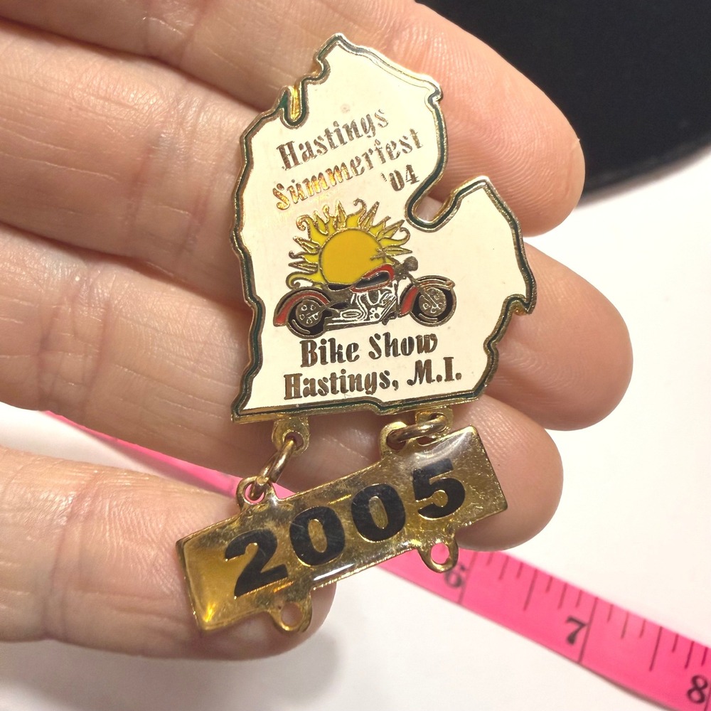 Hastings Summerfest 04 Bike Show Michigan State Enamel Pin with 2005 Dangle Bar